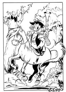 Bas Heymans | Bas Heymans - Originele tekening - Dagobert Duck op paard met geweer in het bos - Formaat: 21 x 29,7 cm. | Catawiki