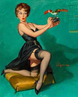 Gil Elvgren (American, 1914-1980)
 Ruffled Feathers, 1967
 Oil on canvas
 30 x 24 in.
 Signed lower right
 
 ... | Heritage