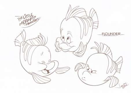 Jaume Esteve, Disney Artist | Little Mermaid Characters : Flounder - Original Drawing - Signed by Jaume Esteve - Pencil Art | Catawiki
