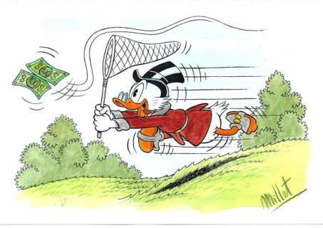 Millet | Scrooge McDuck catching banknotes - Original Drawing by Millet - Signed | Catawiki