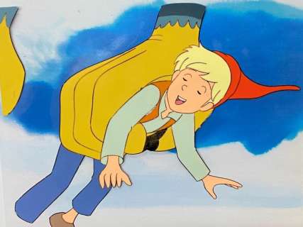 Hisayuki Toriumi, Studio Pierrot | The Wonderful Adventures of Nils (1980) - Original Animation Cel and drawing of Nils Holgersson, with printed background | Catawiki