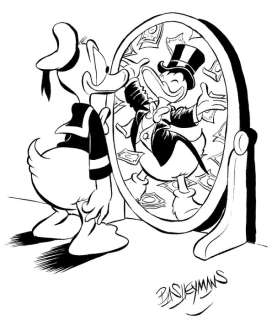 Bas Heymans | Bas Heymans - Originele tekening "Donald Duck kijkend in de spiegel, idee van Carl Barks" - Exemplaire unique | Catawiki