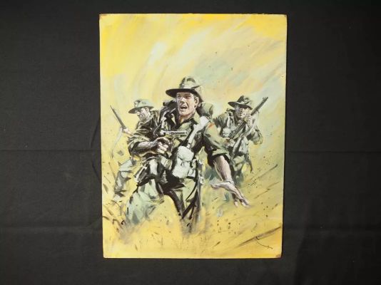 Lot 363 - WAR PICTURE LIBRARY - original colour comic cover art, gouache on board, for #2010 July 1983 ’Jungle | Excalibur Auctions