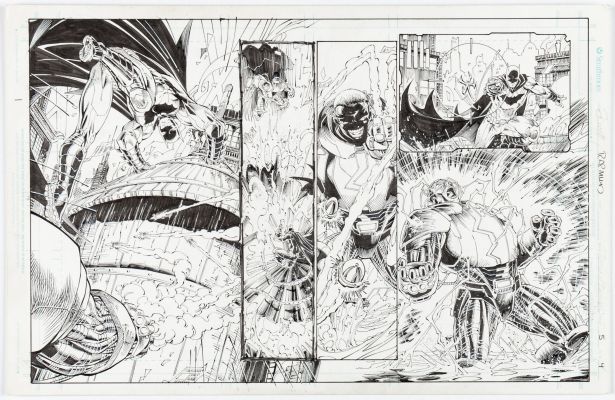 Brett Booth | Tavola originale per Batman/Superman #5 p.4. Cm.28 x 43. DC COMICS. Year 2014. Inks by Norm Rapmund.  Attenzione, è una pagina singola che si legge in orizzontale, non è una doppia! | Art e Fumetto