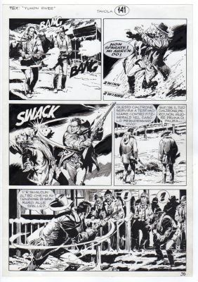 MIGUEL ANGEL REPETTO - Tavola originale per TEX 545 ‘Fuga dal grande Nord’. Cm. 28,5 x 41. Anno di esecuzione 2006. Pag. 35 (al margine è scritto tavola 141 perché la storia inizia sul Tex 544).  Il supporto, come sempre in Repetto, è un cartoncino glossy.