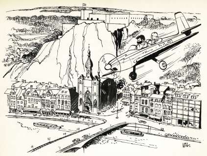 Will | Tif et Tondu survolent Dinant, dessin original à l’encre de chine publié dans le journal “La Meuse La Lanterne” en 1973. | Septimus