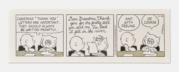Charles Schulz Original Hand-Drawn Christmas-Themed ’’Peanuts’’ Comic Strip -- Charlie Brown and Sally Handwrite a Funny Thank You Letter in Cursive | Nate Sanders