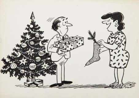 Gwidon Miklaszewski (1912 - 1999) | Gwidon Miklaszewski | "Masz, Karolku, zrobiłam Ci drugą skarpetkę do tej, którą dałam Ci na Gwiazdkę zeszłego roku!", lata 80. XX w. | Desa Unicum