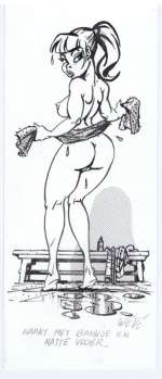 Willem Vleeschouwer | Willem Vleeschouwer - Originele tekening in inkt - Pin-up - "Naakt met bankje en natte vloer" - Formaat: 19,5 x 8 cm. | Catawiki