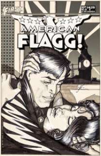 Howard Chaykin American Flagg #24 Cover Original Art (First Comics, 1985). Reuben Flagg has his hands full -
