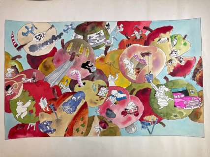 Mattioli, Massimo | M. Mattioli - Illustrazione originale "The Apples World" - Page volante - Exemplaire unique | Catawiki