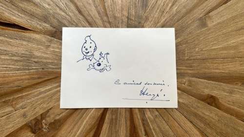Hergé | Tintin - Dessin dédicacé de Hergé - Au dos d’une photo du film animé "Le lac aux requins" - (1972) | Catawiki