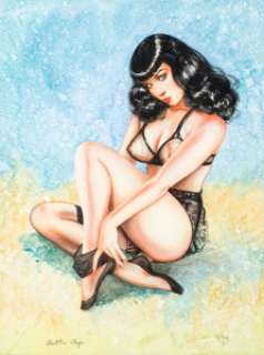  - Olivia (Olivia De Berardinis) "Bettie Page in Black" Painting Original Art Signed by Bettie Page (1999)....
