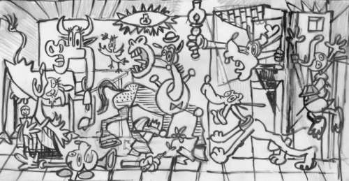 Tony Fernandez, Disney Artist | Disney Family inspired by Picasso’s "Guernica" (1937) - Original Preliminary Sketch- Tony Fernandez Signed - Acrylic Art | Catawiki