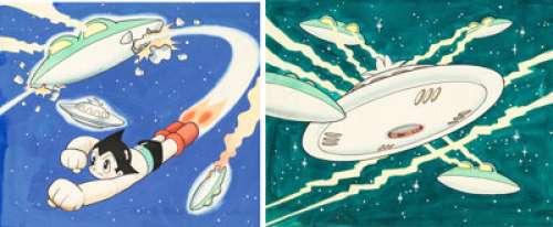 Tezuka, Osamu | Osamu Tezuka Astro Boy Vs Saucers Kamishibai IIllustration Original Art Group of 2 (Koide Nobuhirosha, 1963). ... (Total: 2 Original Art) | Heritage