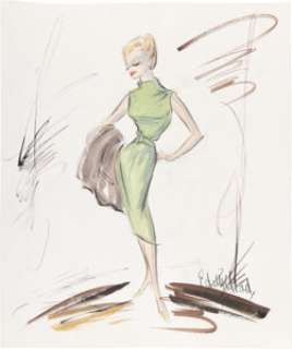 The Birds (Paramount, 1963), Tippi Hedren "Melanie Daniels" Costume Sketch of Signature Green Dress by Edith Head. | Heritage