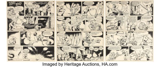 Albert Uderzo De Ruige Ridder, De Verwenste Baron - Belloy, Le Baron Maudit Story Pages B.149-B.151 Original Art Group of 3 (Het Belang van Limburg, 1954). (Total: 3 Original Art) | Heritage