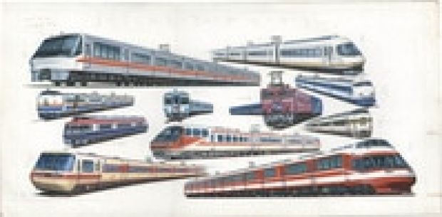 Masami Watanabe Hand-Drawn Color Illustration "All the New Limited Express Trains Together" | Mandarake (Big Web)