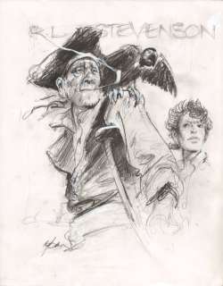 Follet, René - 1 Dessin original crayonné + album + dédicace + carte - Stevenson, le pirate intérieur - 2013 | Catawiki