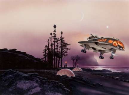 Chris Moore (British, b. 1947) Legacy of Heorot paperback cover, 1988 Acrylic on board 14-3/4 x 20 inches (37.5 x 50...