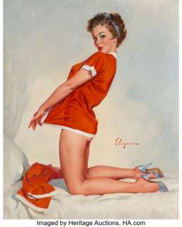 Gil Elvgren (American, 1914-1980). Measuring Up, Happy Holidays, calendar illustration, 1963. Oil on canvas. 30 x 24 inc...