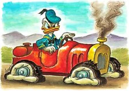 Joan Vizcarra - Donald’s Tire Trouble - Original Painting - 48 x 34 cm | Catawiki