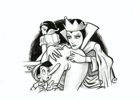 Ramis - 1 Original drawing - Snow White, Evil Queen and Pinocchio - Erotic party | Catawiki