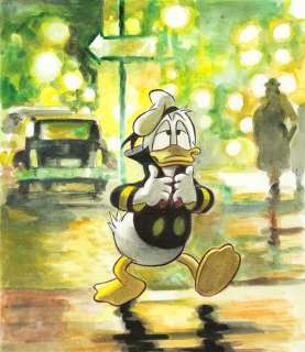 Tony Fernandez - Donald Duck – City Lights and Rainy Streets - Original Painting - Hand-Signed | Catawiki