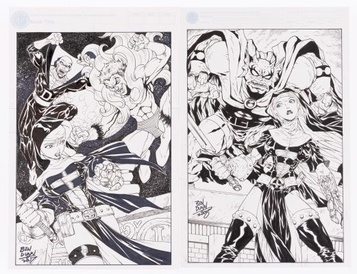 Lot 53 - BEN DUNN WARRIOR NUN AREALA VS. DC COMICS CHARACTERS ORIGINAL ART COMMISSION PAIR. | Hake’s