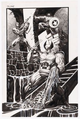 Lot 90 - TOM MANDRAKE PUNISHER, WOLVERINE & CAPTAIN AMERICA ORIGINAL ART COMMISSION. | Hake’s