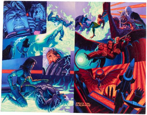 Lot 33 - THE BROTHERS HILDEBRANDT X-MEN 2099: OASIS #1 COMIC BOOK DOUBLE PAGE SPREAD ORIGINAL ART PAINTING. | Hake’s