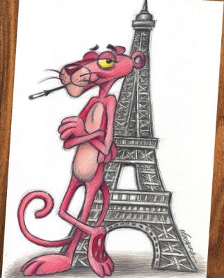 Joan Vizcarra Crayon - Pink Panther “Paris Mood” – Hand Signed Original Color Pencil Artwork | Catawiki