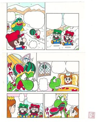 Takase, Hiroshi - 1 Original colour page - Super Mario-kun | Mario Bros - Melon Squash ft. Bowser, Yoshi & Peach - 1993 | Catawiki