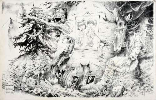 ANIMAUX SAUVAGES D’EUROPE ET D’AMÉRIQUE DU NORD, Encre de Chine pour la double page... | Coutau Bégarie