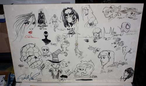 Jam Pieces | Large Jam Piece on Canvas with Sketches/Autographs By Michael Turner, Walt Simonson, Irwin Hasen, Joe Jusko, Joe Quesada, Shelly Block, George Perez, Bill Tucci, Mike Deodato, Dave Dorman, & More | Anthony’s Comic Book Art