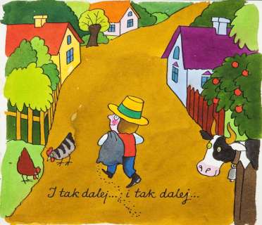 Jerzy Flisak (1930 - 2008) | Jerzy Flisak | "Idzie Grześ przez wieś", projekt ilustracji do książki-wycinaki do wiersza Juliana Tuwima, str. 12, 1982 | Desa Unicum