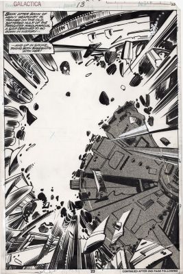 Walt Simonson | Simonson, Walt Signed - Battlestar Galactica TV #13 Pg 23 Splash - Space Battle | Cool Lines Art
