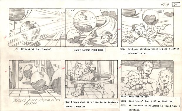 Jack Kirby | Fantastic Four Cartoon Storyboard #61 Animation Art (The Thing, Mr Fantastic, & Invisible Girl All Battle the Frightful Four!) 1978 | Romitaman