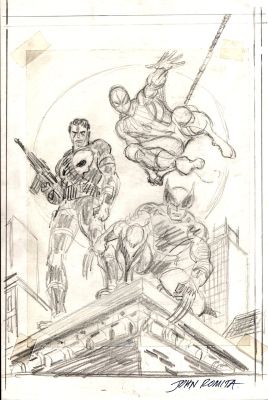 John Romita Sr. | Spider-Man, Wolverine, Punisher Prelim For Published Poster) 1989 | Romitaman