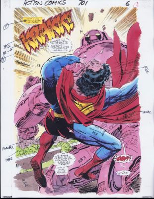 Denis Rodier, Glenn Whitmore, Jackson (Butch) Guice | Action Comics #701 Color Guide Art - Superman Hit By Kryptonian Warsuit - 1994 Issue 701 Page 6 | Anthony’s Comic Book Art