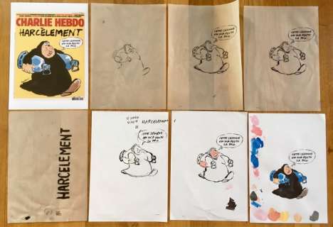 Vuillemin, Philippe - 5x crayonné + dessin original + essai couleur + mise en couleur originale + essai titre - Couverture originale de Charlie Hebdo - (2016) | Catawiki