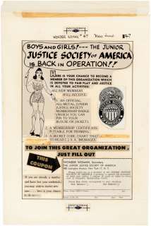 "THE JUNIOR JUSTICE SOCIETY OF AMERICA" CLUB 1951 COMIC BOOK AD ORIGINAL PRODUCTION MECHANICAL ART. | Hake’s