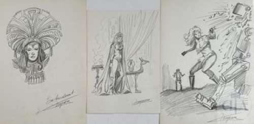 Musquera/Trio de dessins signés. Mine de plomb vers 1980.… | Dagoty