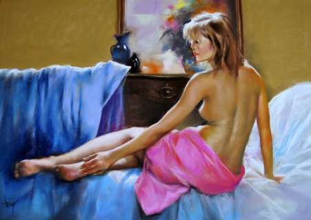 Domingo Ãlvarez GÃ³mez - Dibujo al pastel - Mujer Sentada en la Cama - Un travail unique - (2019) | Catawiki