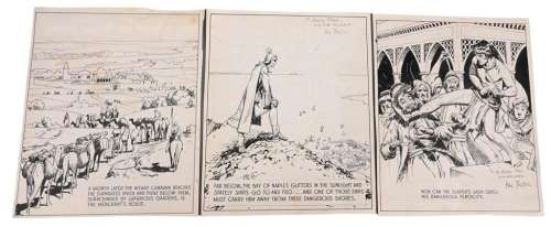 Three Hal Foster Pen and Ink on Paper, Prince Valiant, Sunday comic strip panel, each 9" x 10 1/2". | misc / divers
