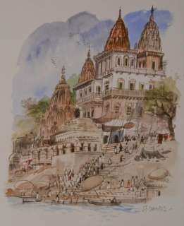 India Dreams T10 - Aquarelle originale - temple Ã  Bénarès - (2016) | Catawiki