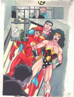 Jasen Rodriguez, John Kalisz, Scott Benefiel - jla: gods and monsters #1 p. 13 color guide art - superman, wonder woman, and flash bust green lantern out of jail splash - 2001