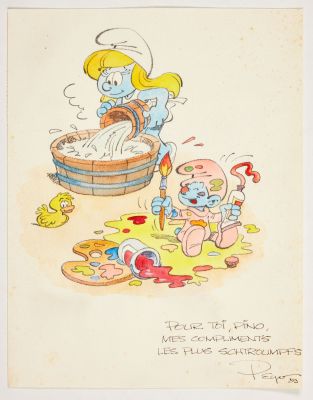 Peyo - Dédicace... | Peyo - Dédicace : Exceptionnel dessin en couleurs sur... | Tessier Sarrou