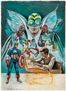 Joe Simon "Gathering of the Clan" Self-Portrait with Fly Man, Captain America, and Others Painting Original Art (c. 1980s).