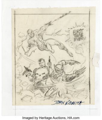 John Romita Sr. - Spider-Man, Wolverine, and Punisher Poster Illustration Preliminary Original Art (Marvel, 1989). | Heritage